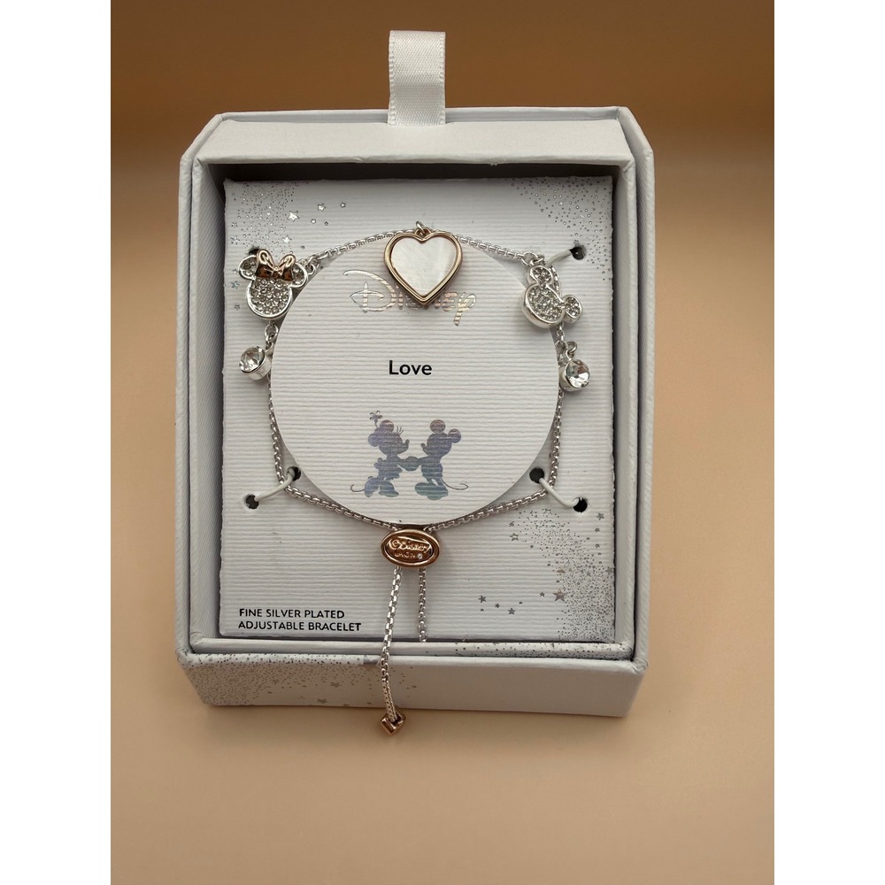 Disney Mickey and Minnie Mouse Fine Silver Plated Adjustable Heart Bracelet NIB‎